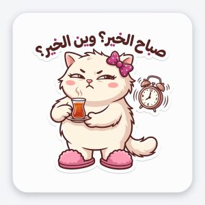 ستيكر فينيل مقاوم للماء — قطة «صباح الخير؟ وين الخير؟»